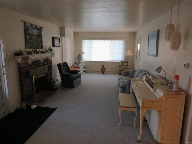 carpeted living room featuring a fireplace