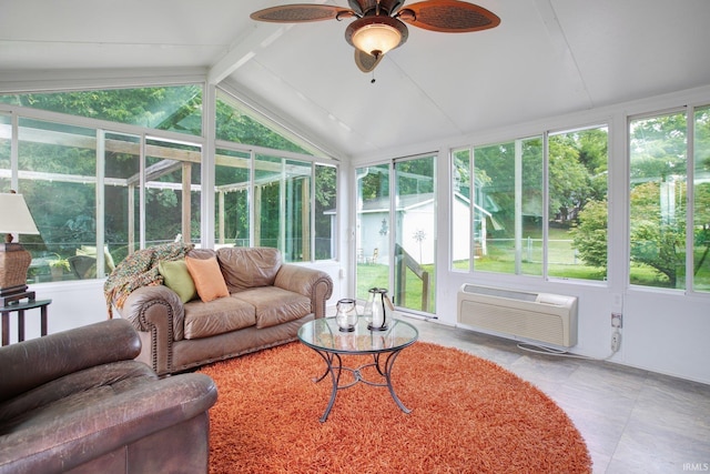 sunroom / solarium with lofted ceiling with beams, ceiling fan, and a wall unit AC