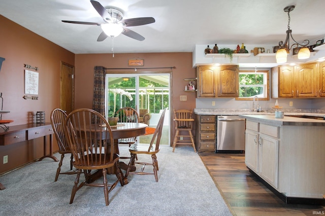 kitchen featuring pendant lighting, dark wood-type flooring, stainless steel dishwasher, and plenty of natural light