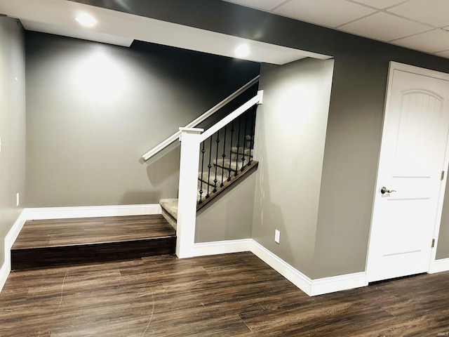 staircase featuring hardwood / wood-style flooring and a drop ceiling