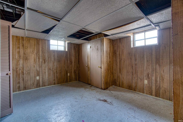 basement with a wealth of natural light and wood walls