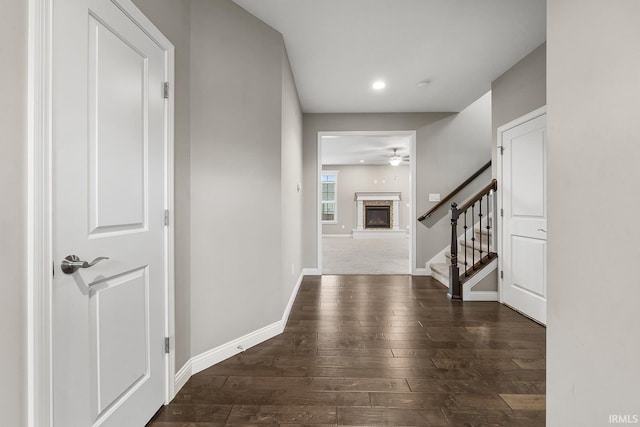 entrance foyer with a stone fireplace and dark wood-type flooring