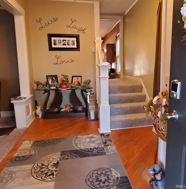 foyer entrance featuring ornamental molding and hardwood / wood-style floors