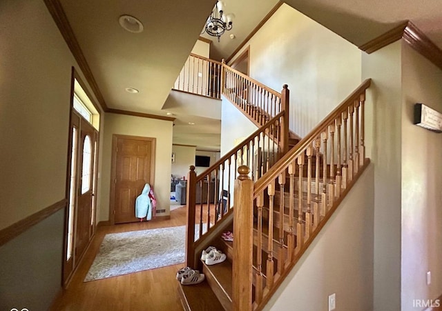 staircase with ornamental molding and wood-type flooring