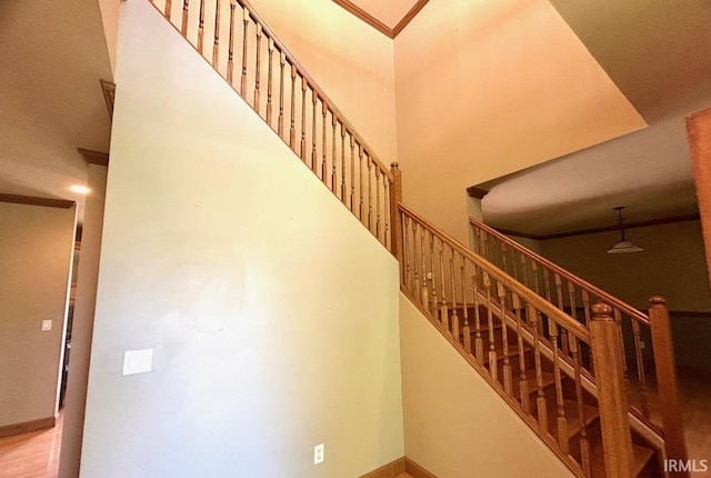 stairway featuring wood-type flooring and a high ceiling