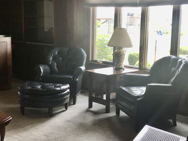 sitting room with carpet and wooden walls