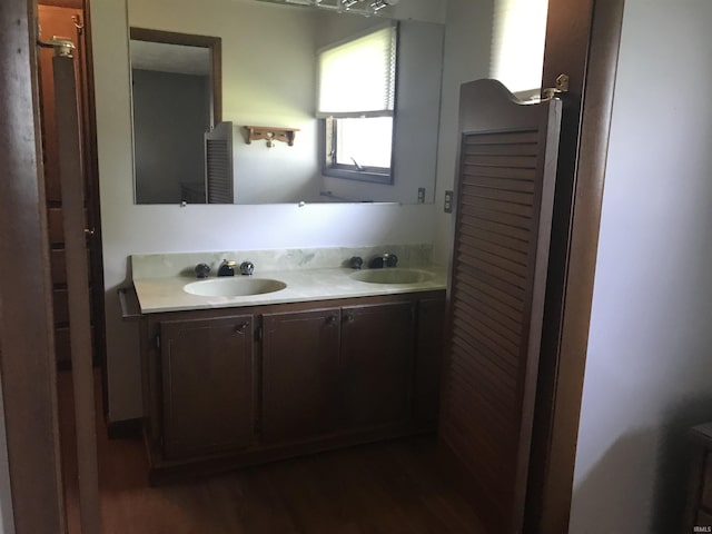 bathroom featuring vanity and wood-type flooring