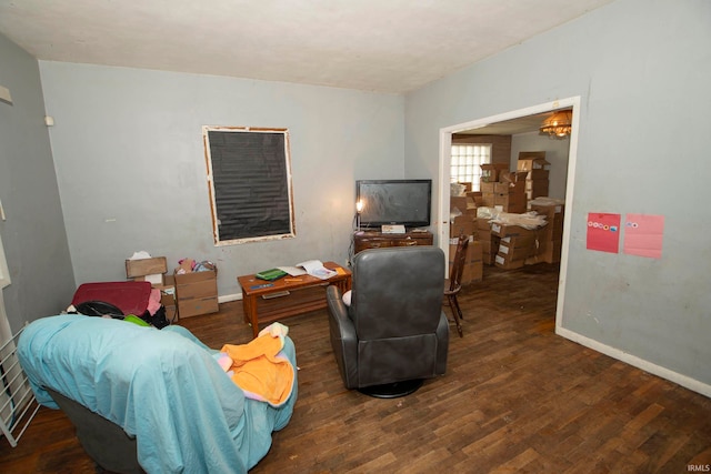 living room with dark hardwood / wood-style flooring