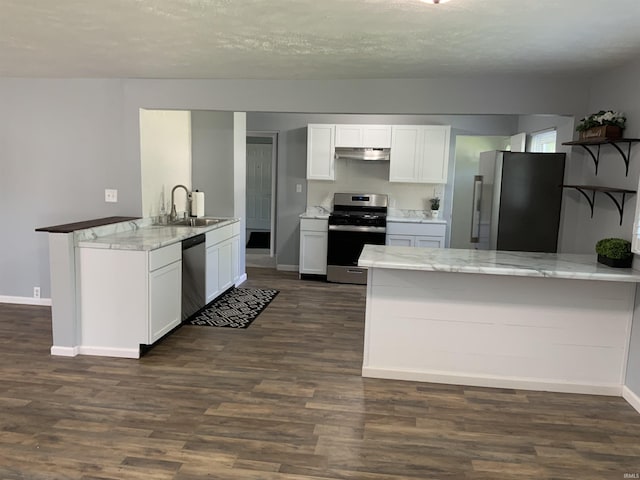 kitchen featuring sink, white cabinets, kitchen peninsula, and appliances with stainless steel finishes