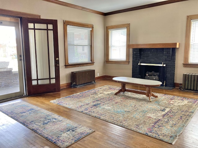 living room with radiator heating unit, hardwood / wood-style floors, and a brick fireplace