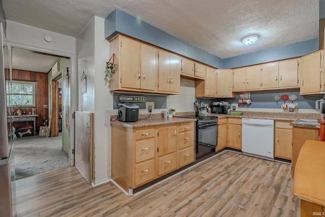 kitchen featuring black electric range oven, white dishwasher, light hardwood / wood-style floors, a textured ceiling, and light brown cabinetry