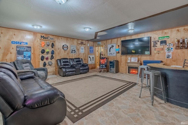 living room featuring a textured ceiling