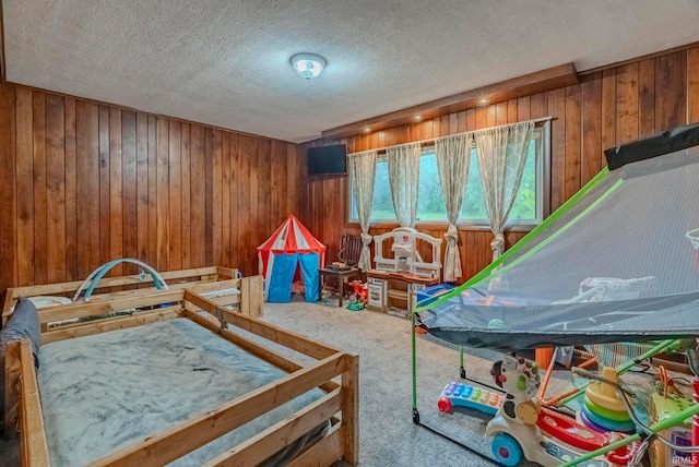 recreation room with wooden walls, carpet floors, and a textured ceiling