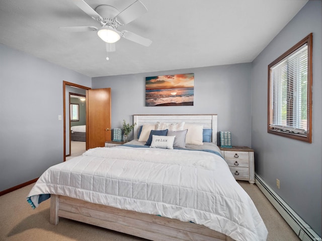 bedroom featuring light carpet, baseboard heating, and ceiling fan