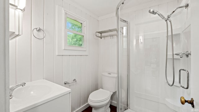 full bathroom with vanity, a shower stall, and toilet