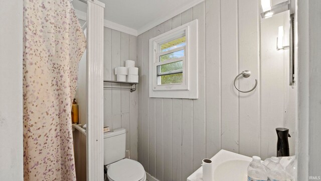 bathroom featuring ornamental molding and toilet