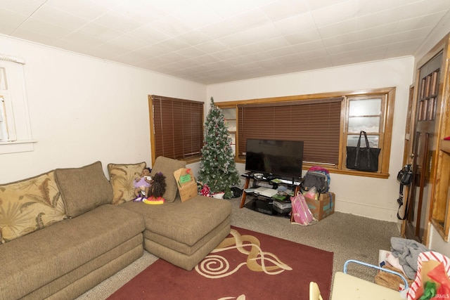 living room with ornamental molding and carpet floors