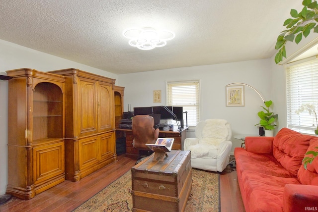 living room featuring a textured ceiling and dark hardwood / wood-style flooring