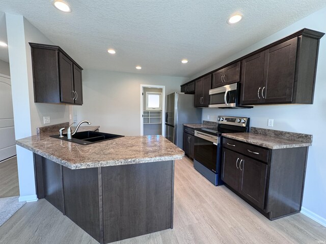 kitchen with stainless steel appliances, dark brown cabinets, sink, and kitchen peninsula