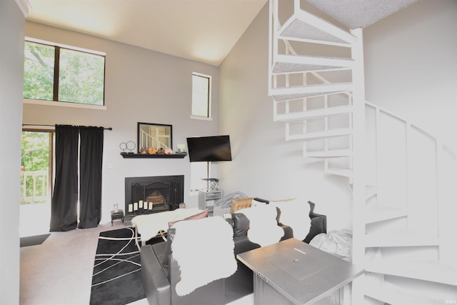 carpeted living room with high vaulted ceiling and a healthy amount of sunlight