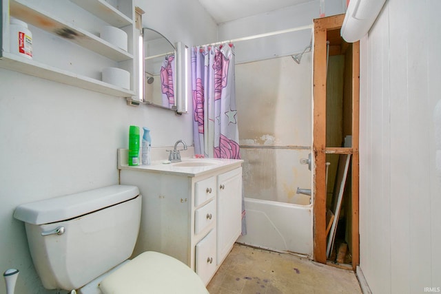 full bathroom with vanity, shower / tub combo with curtain, and toilet