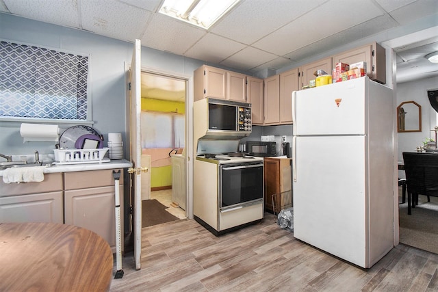 kitchen featuring light hardwood / wood-style floors, a drop ceiling, white appliances, and light brown cabinetry