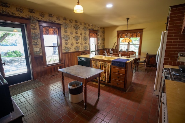 kitchen with hanging light fixtures, sink, dishwasher, and a healthy amount of sunlight