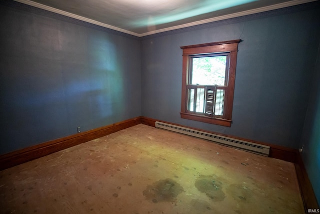 empty room with crown molding and a baseboard heating unit