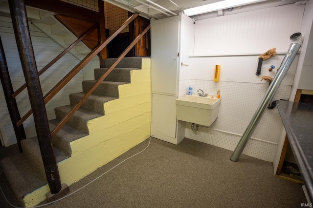 basement with sink and carpet flooring