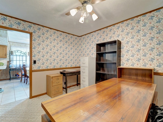 office with a textured ceiling, light tile patterned floors, and ceiling fan