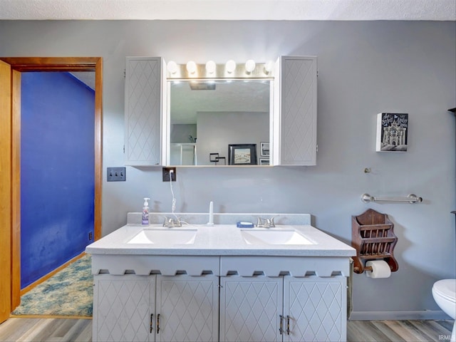 bathroom featuring a textured ceiling, toilet, wood-type flooring, and dual bowl vanity