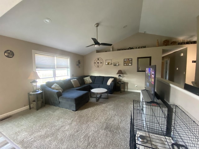 living room with carpet, lofted ceiling, and ceiling fan