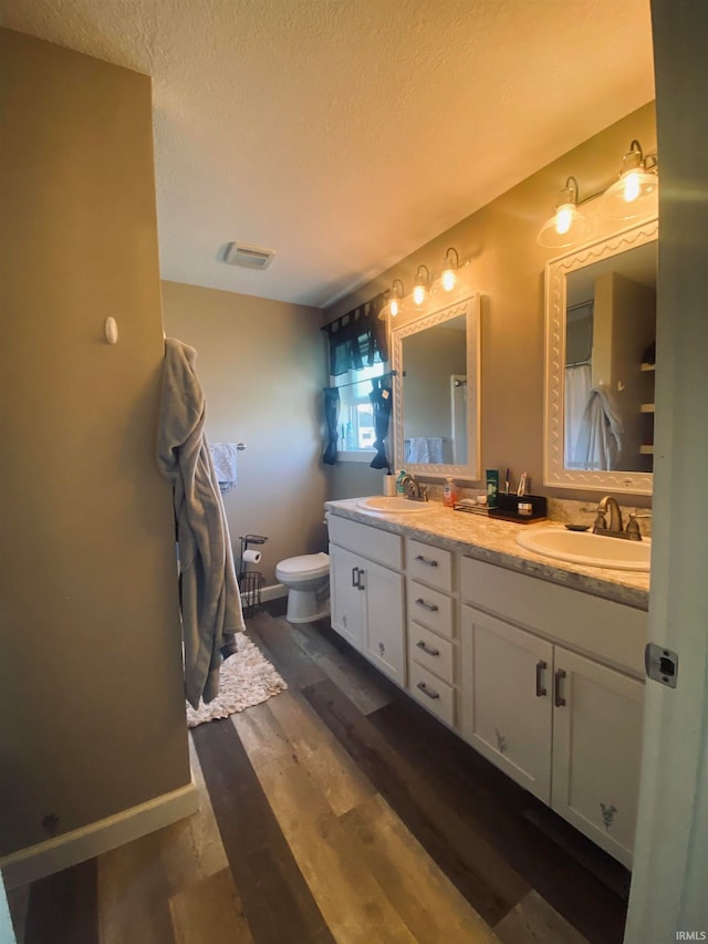 bathroom with double vanity, a textured ceiling, toilet, and wood-type flooring