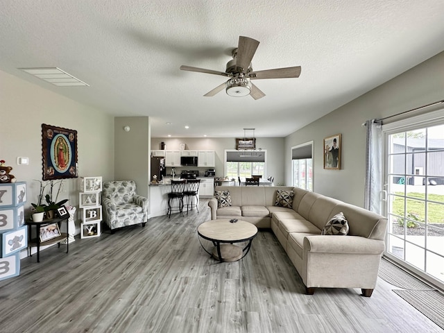 living room featuring hardwood / wood-style flooring, ceiling fan, and a textured ceiling