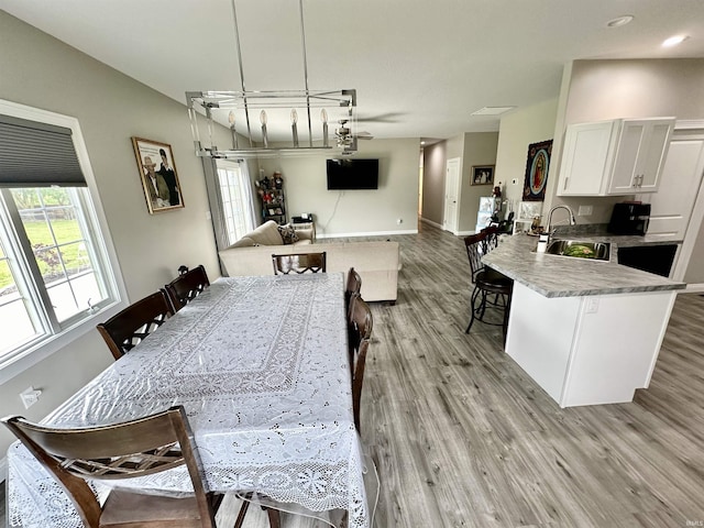 dining area featuring sink and light wood-type flooring