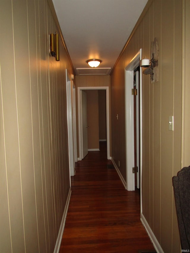 corridor featuring dark wood-type flooring and ornamental molding