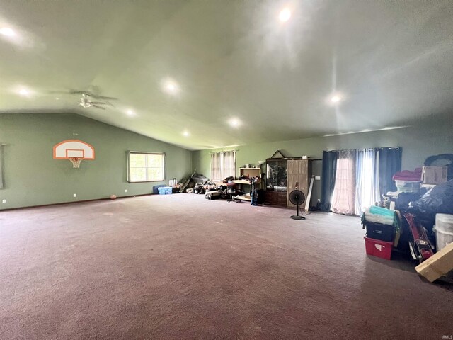 interior space with lofted ceiling and carpet flooring