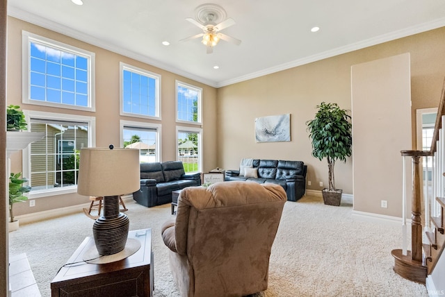 living room featuring carpet flooring, crown molding, and ceiling fan