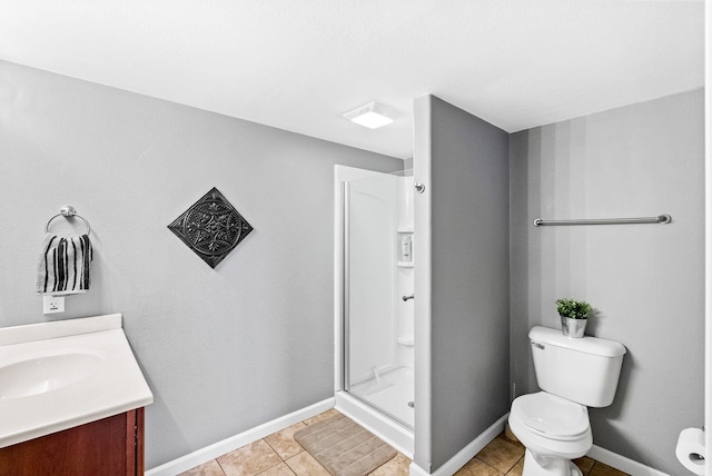 bathroom with vanity, walk in shower, toilet, and tile patterned floors