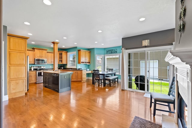 kitchen with light hardwood / wood-style floors, a healthy amount of sunlight, a center island with sink, and stainless steel appliances