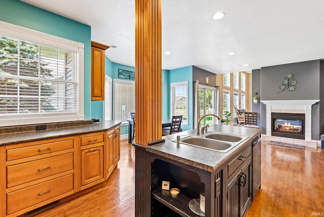 kitchen with light wood-type flooring, a wealth of natural light, sink, and an island with sink