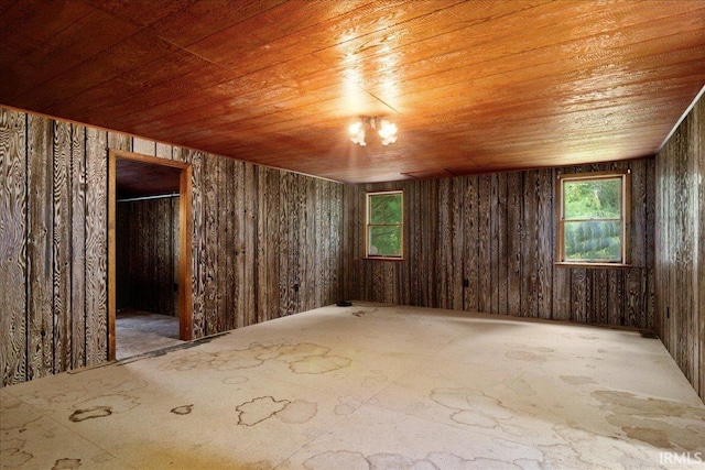 empty room featuring wooden ceiling and wooden walls