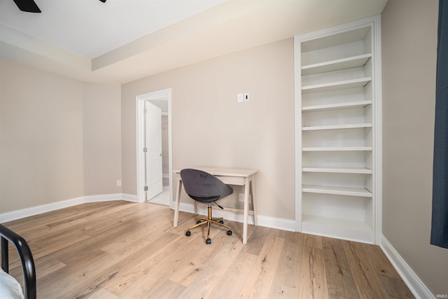 office area featuring built in features, ceiling fan, and light hardwood / wood-style flooring