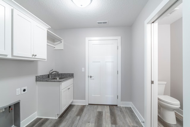 washroom featuring sink, electric dryer hookup, cabinets, wood-type flooring, and a textured ceiling