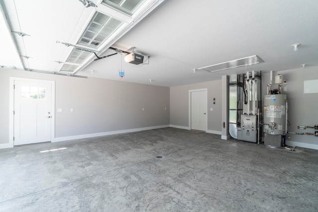 garage featuring water heater, heating unit, and a garage door opener