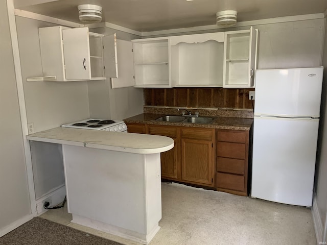 kitchen with sink, white appliances, and kitchen peninsula