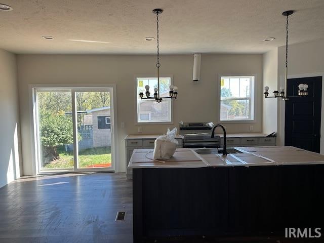 kitchen with a healthy amount of sunlight, wood-type flooring, a kitchen island with sink, and pendant lighting