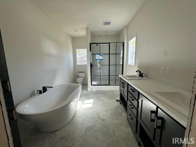 full bathroom featuring vanity, toilet, and separate shower and tub