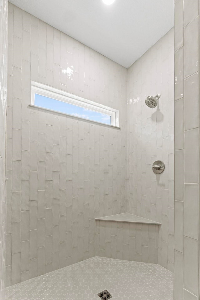 bathroom with a tile shower and a healthy amount of sunlight