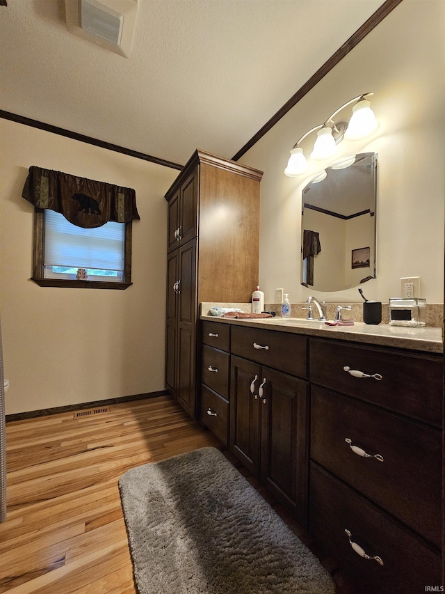 bathroom with vanity, ornamental molding, and hardwood / wood-style floors